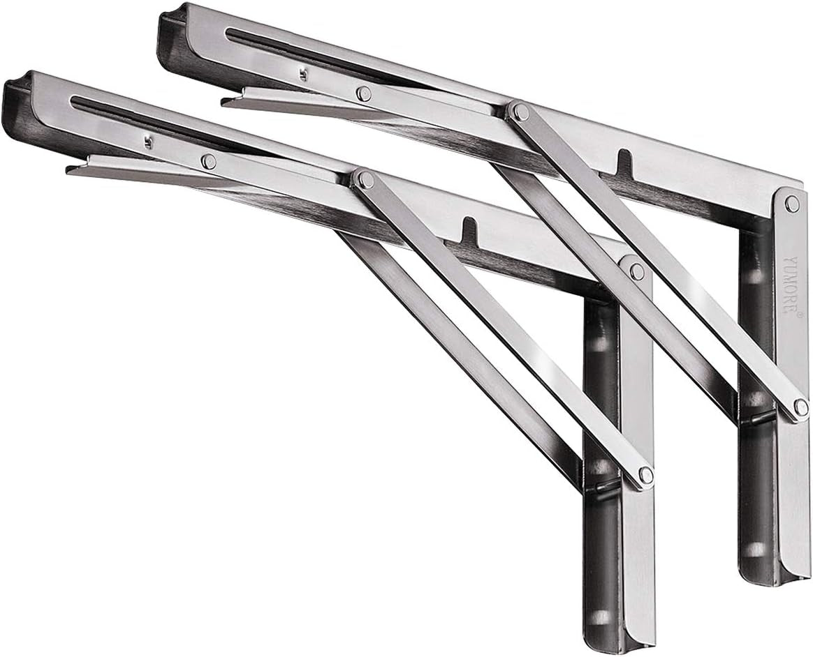 Folding Shelf Brackets 16 Inch, Max Load: 330Lb Heavy Duty Stainless Steel Collapsible Shelf Bracket for Table Work Bench, Space Saving DIY Bracket, Pack of 2