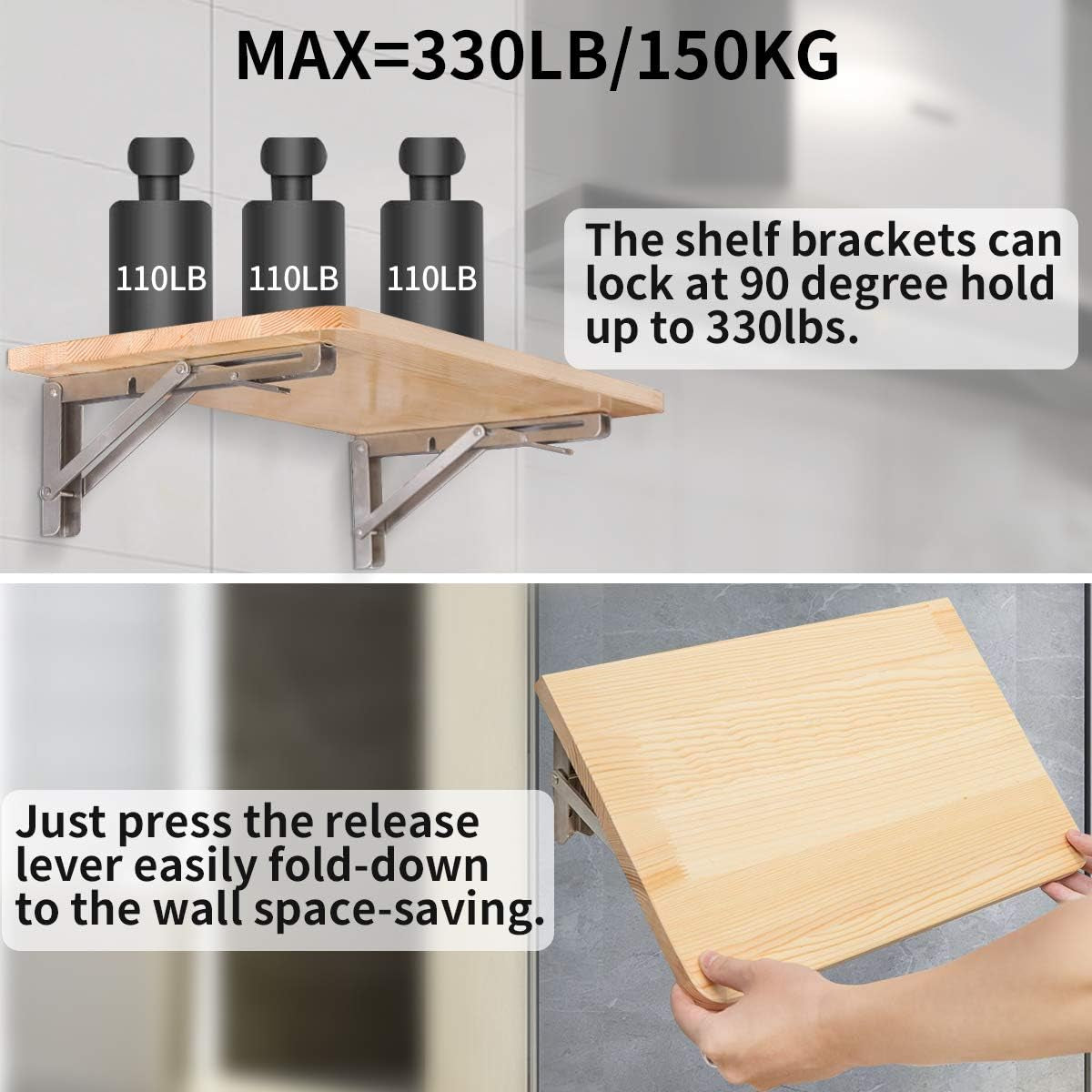 Folding Shelf Brackets 16 Inch, Max Load: 330Lb Heavy Duty Stainless Steel Collapsible Shelf Bracket for Table Work Bench, Space Saving DIY Bracket, Pack of 2