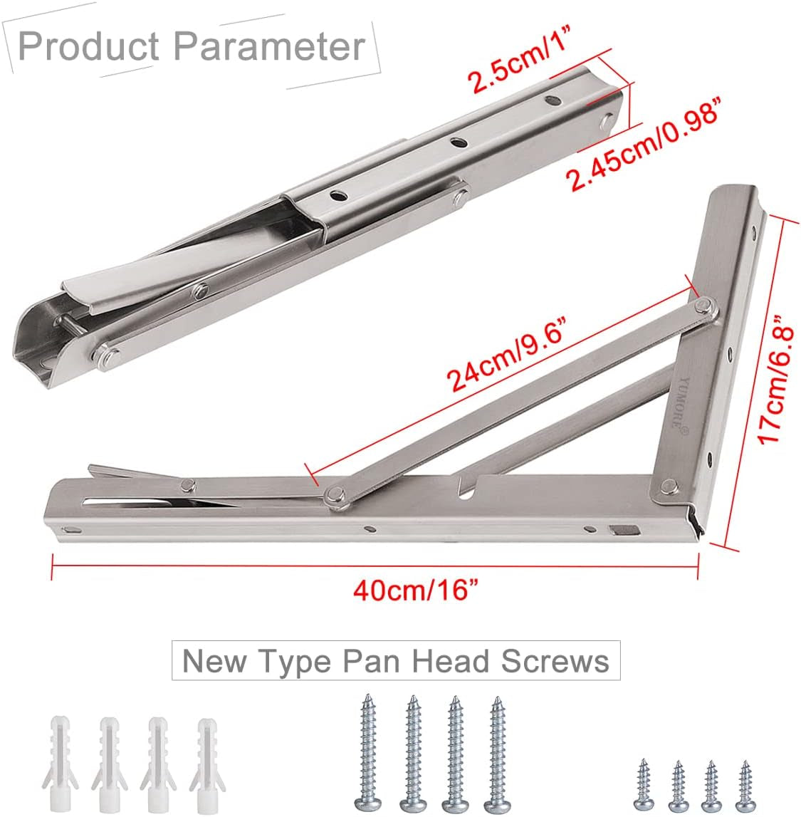 Folding Shelf Brackets 16 Inch, Max Load: 330Lb Heavy Duty Stainless Steel Collapsible Shelf Bracket for Table Work Bench, Space Saving DIY Bracket, Pack of 2