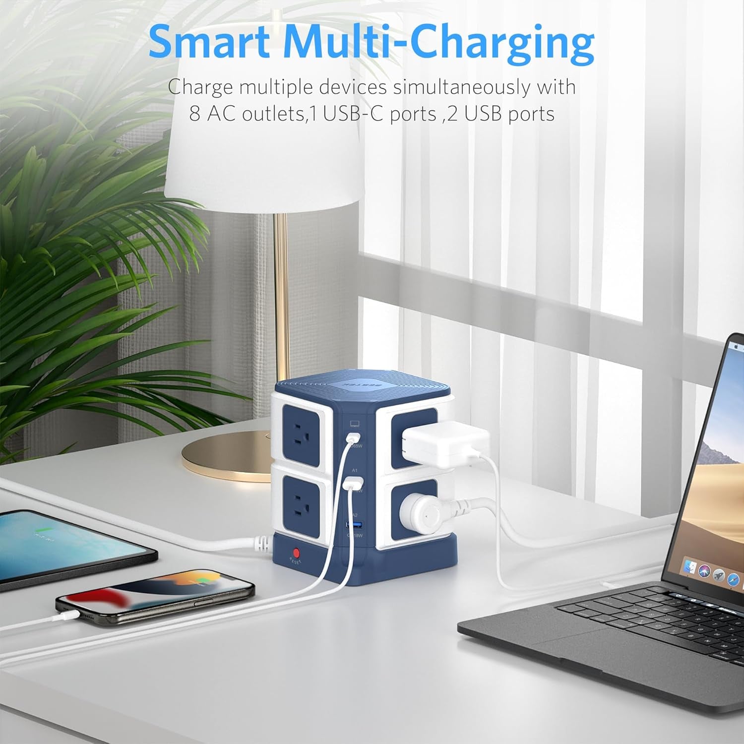 PD 65W USB Power Strip Tower Surge Protector, Desktop Charging Station with 8-Outlet Widely Spaced AC Outlets with 2 USB-A USB-C PD3.0 Ports, 4.9Ft Heavy-Duty Extension Cord for Home Office