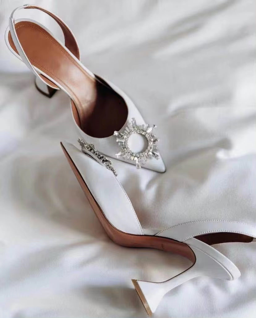 2025 Brand Women Pumps Luxury Crystal Slingback High Heels Summer Bride Shoes Comfortable Triangle Heeled Party Wedding Shoes