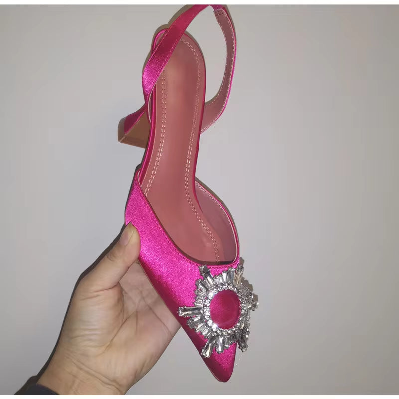 2025 Brand Women Pumps Luxury Crystal Slingback High Heels Summer Bride Shoes Comfortable Triangle Heeled Party Wedding Shoes