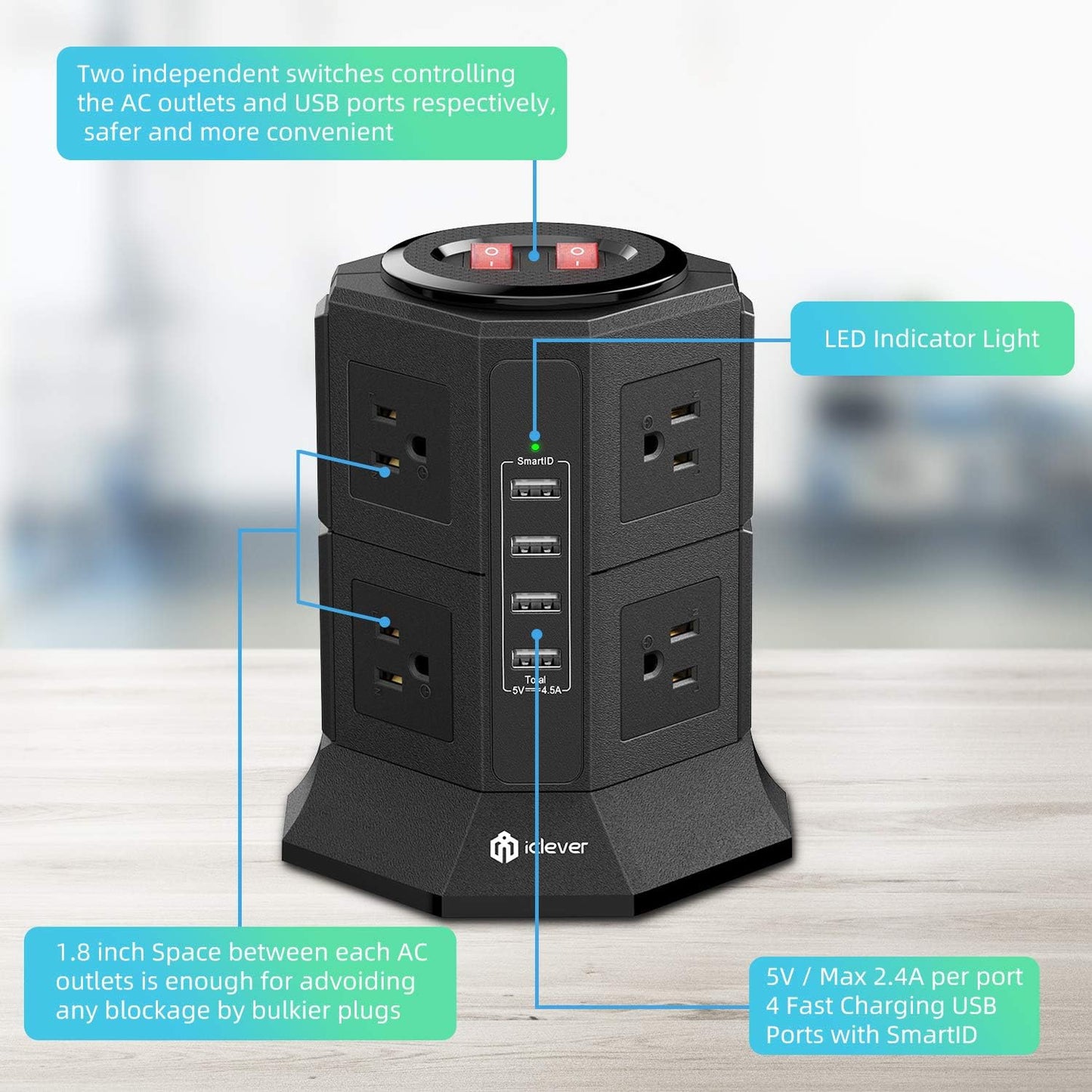 Power Strip Tower Gaming Surge Protector -  8 AC Outlets 4.5A 4 USB Ports Desktop Charging Station with 10Ft Extension Cord for PC Laptops Iphone Mobile Device Home Office (Black)