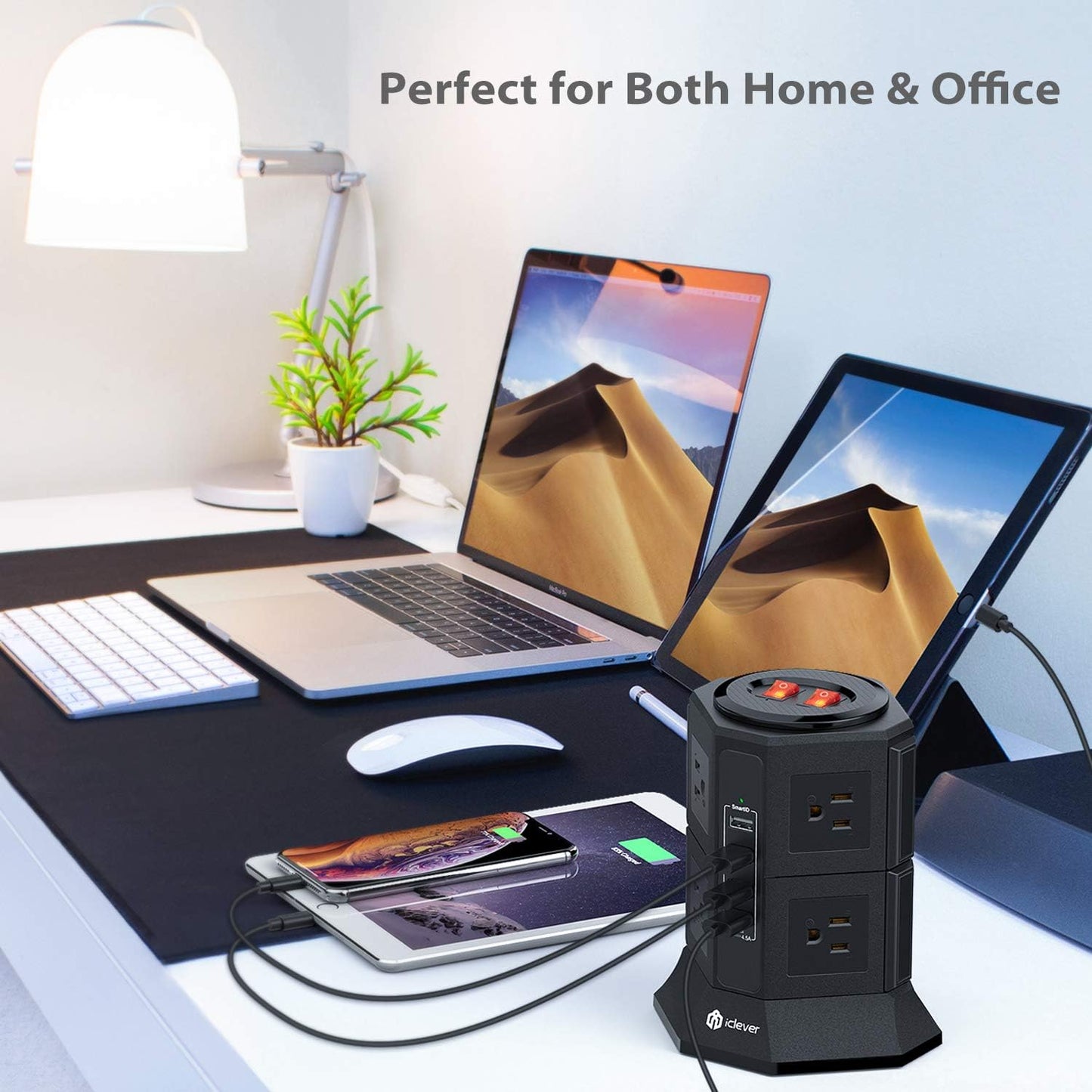 Power Strip Tower Gaming Surge Protector -  8 AC Outlets 4.5A 4 USB Ports Desktop Charging Station with 10Ft Extension Cord for PC Laptops Iphone Mobile Device Home Office (Black)