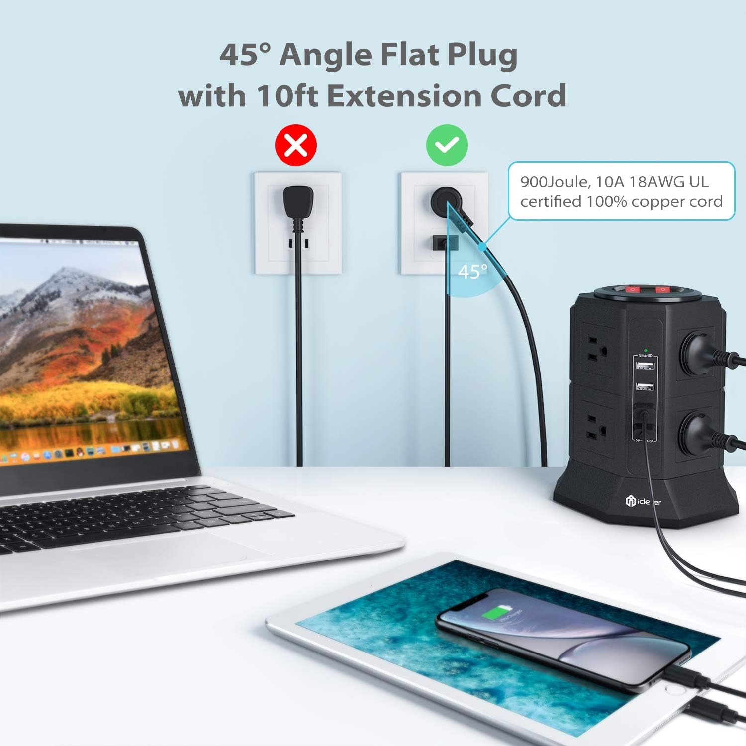 Power Strip Tower Gaming Surge Protector -  8 AC Outlets 4.5A 4 USB Ports Desktop Charging Station with 10Ft Extension Cord for PC Laptops Iphone Mobile Device Home Office (Black)