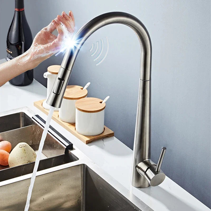Brushed Kitchen Faucet  Smart Touch Kitchen Faucets Pull Out Kitchen Mixer Tap 304 Stainless Steel Sensor Kitchen Faucets