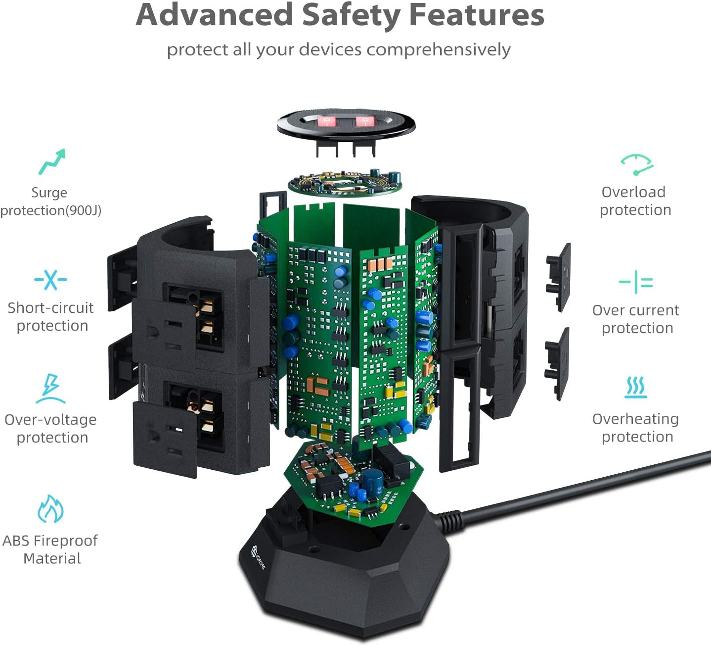 Power Strip Tower Gaming Surge Protector -  8 AC Outlets 4.5A 4 USB Ports Desktop Charging Station with 10Ft Extension Cord for PC Laptops Iphone Mobile Device Home Office (Black)