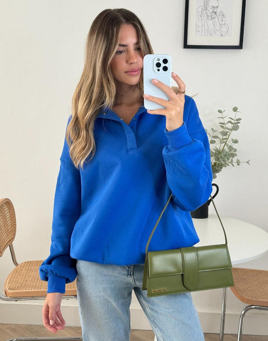 Azure Blue Snap Collar Sweatshirt